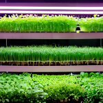 **A vibrant vertical farm in Kuala Lumpur, showcasing lush green microgreens growing in stacked layers, illuminated by LED lights. In the background, the Kuala Lumpur skyline is subtly visible, emphasizing the urban setting.** (Focuses on overcoming space constraints in urban farming)
