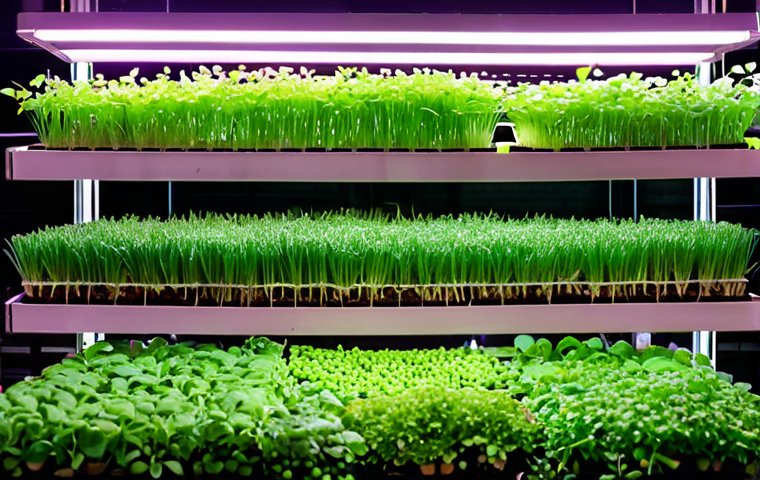 **A vibrant vertical farm in Kuala Lumpur, showcasing lush green microgreens growing in stacked layers, illuminated by LED lights. In the background, the Kuala Lumpur skyline is subtly visible, emphasizing the urban setting.** (Focuses on overcoming space constraints in urban farming)