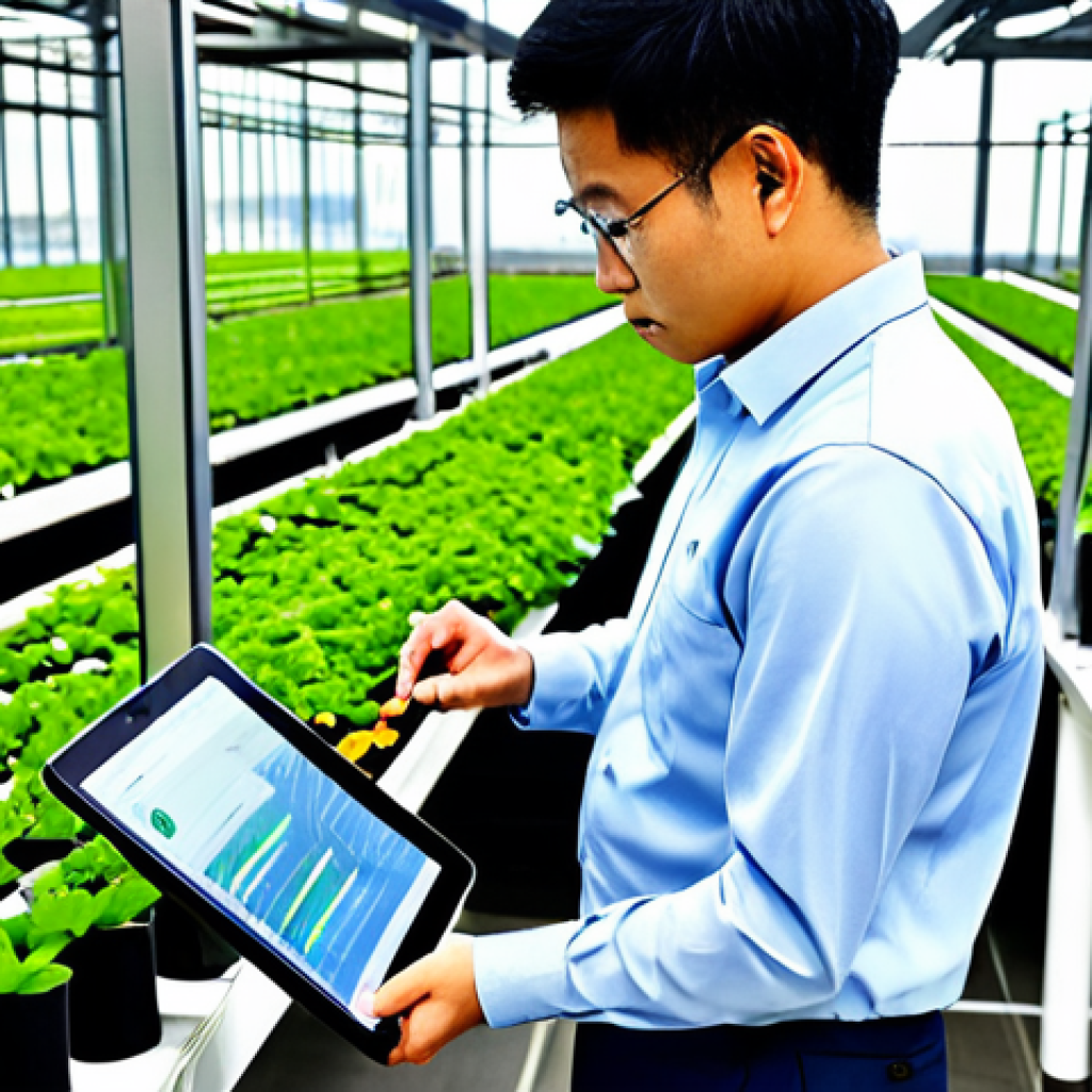 A highly competent professional urban agriculture manager, fully clothed in a modest, smart casual long-sleeved shirt and sturdy trousers, inspects sensor readings on a tablet. They are positioned within a cutting-edge indoor vertical farm, showcasing rows of vibrant, healthy produce grown hydroponically. The backdrop features the subtle outline of a modern Malaysian city skyline through large windows. Advanced technology, including LED grow lights and intricate pipe systems, is visible. The manager's pose is natural and confident, reflecting deep expertise. Perfect anatomy, correct proportions, well-formed hands, proper finger count, natural body proportions. Professional photography, high quality, safe for work, appropriate content, fully clothed, professional.