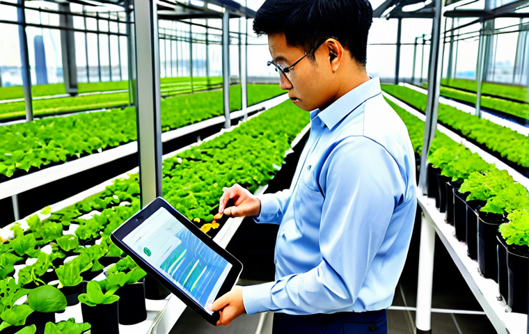 A highly competent professional urban agriculture manager, fully clothed in a modest, smart casual long-sleeved shirt and sturdy trousers, inspects sensor readings on a tablet. They are positioned within a cutting-edge indoor vertical farm, showcasing rows of vibrant, healthy produce grown hydroponically. The backdrop features the subtle outline of a modern Malaysian city skyline through large windows. Advanced technology, including LED grow lights and intricate pipe systems, is visible. The manager's pose is natural and confident, reflecting deep expertise. Perfect anatomy, correct proportions, well-formed hands, proper finger count, natural body proportions. Professional photography, high quality, safe for work, appropriate content, fully clothed, professional.