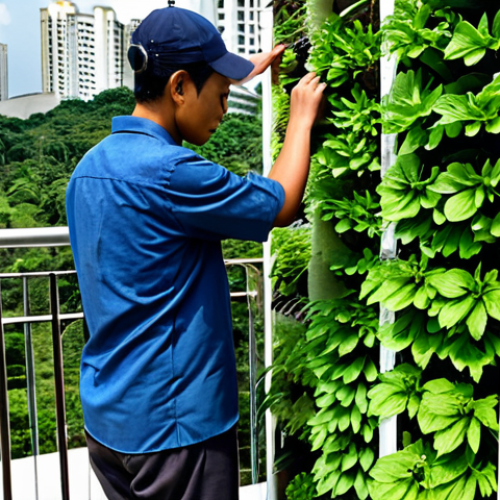 "A professional urban farmer, fully clothed in modest working attire, tending to a vertical garden filled with herbs and leafy greens on an apartment balcony in Kuala Lumpur. Bright daylight, perfect anatomy, well-formed hands, proper finger count, natural pose, safe for work, appropriate content, professional, family-friendly."