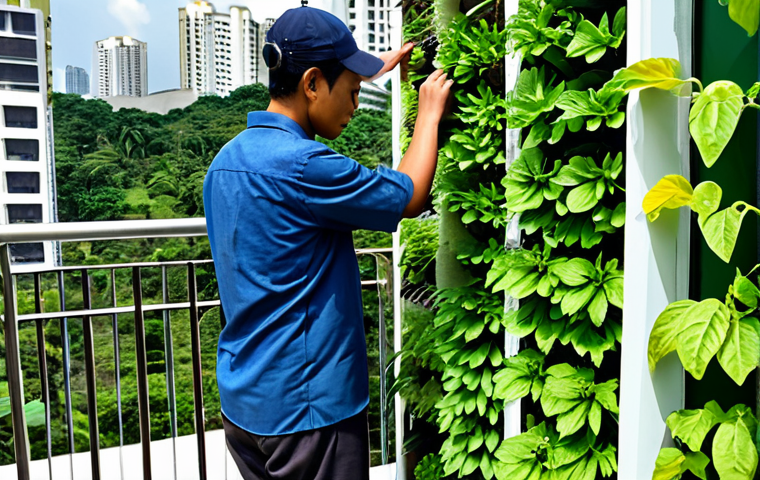 "A professional urban farmer, fully clothed in modest working attire, tending to a vertical garden filled with herbs and leafy greens on an apartment balcony in Kuala Lumpur. Bright daylight, perfect anatomy, well-formed hands, proper finger count, natural pose, safe for work, appropriate content, professional, family-friendly."